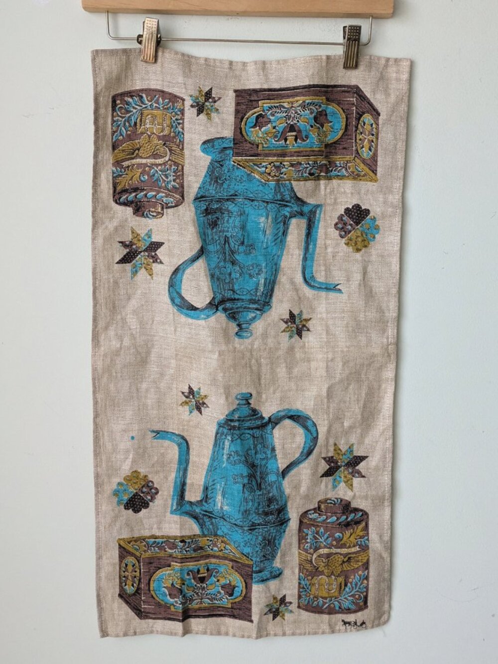 vintage TEAPOT & CANNISTER linen kitchen tea towel - Picture 2 of 5